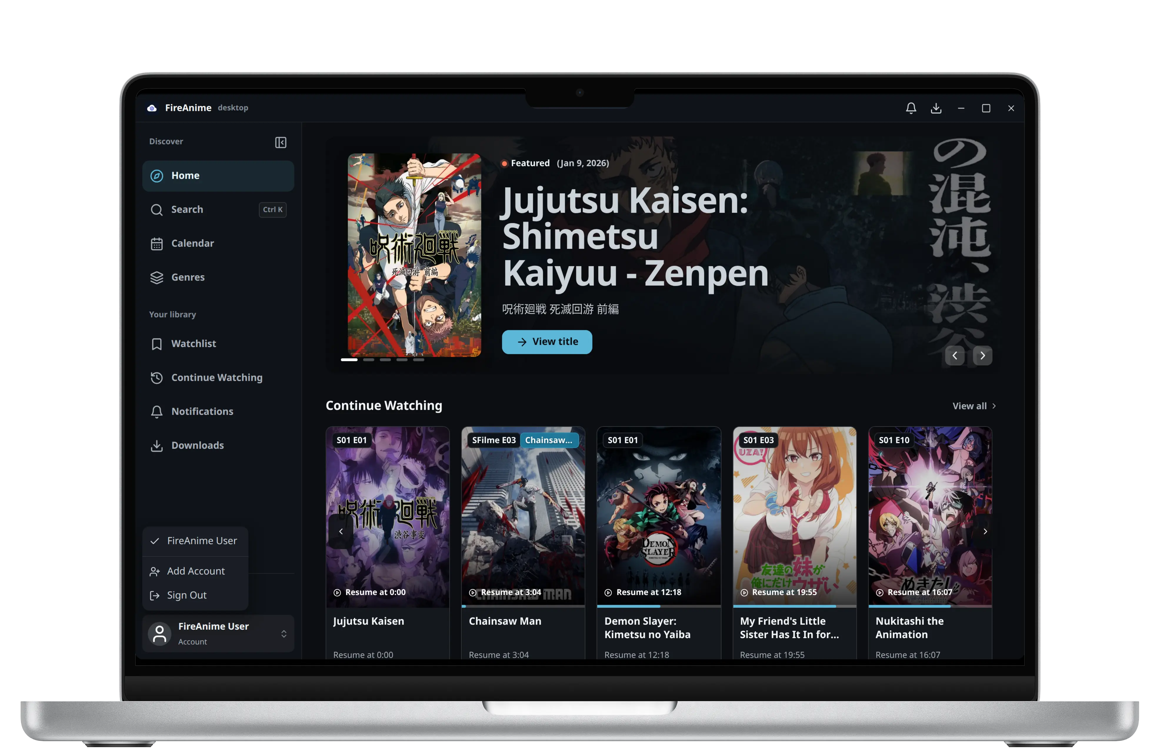 FireAnime Desktop Startseite mit geöffnetem Account-Wechsler