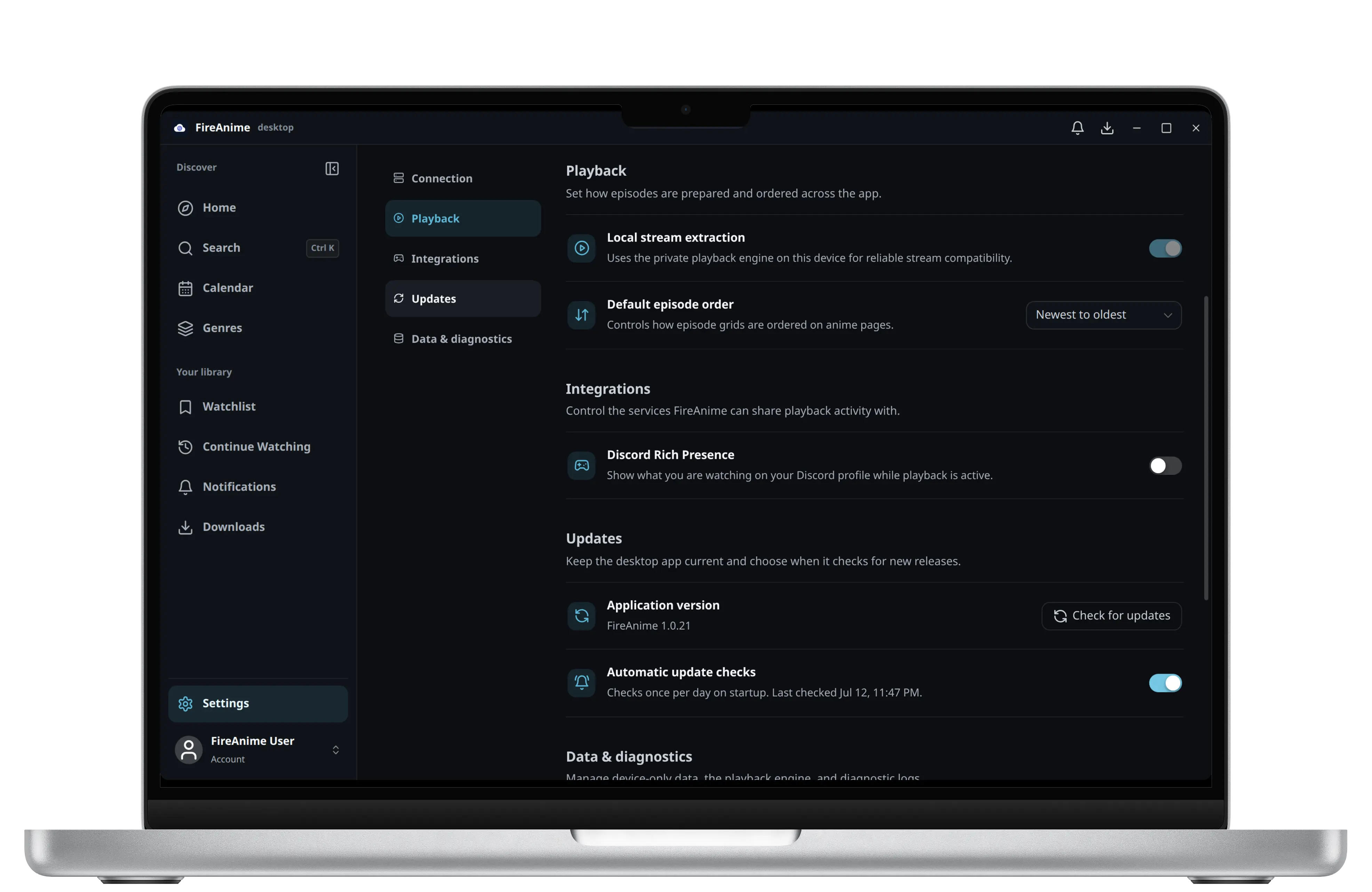 FireAnime Desktop Einstellungen für System- und Discord-Integration