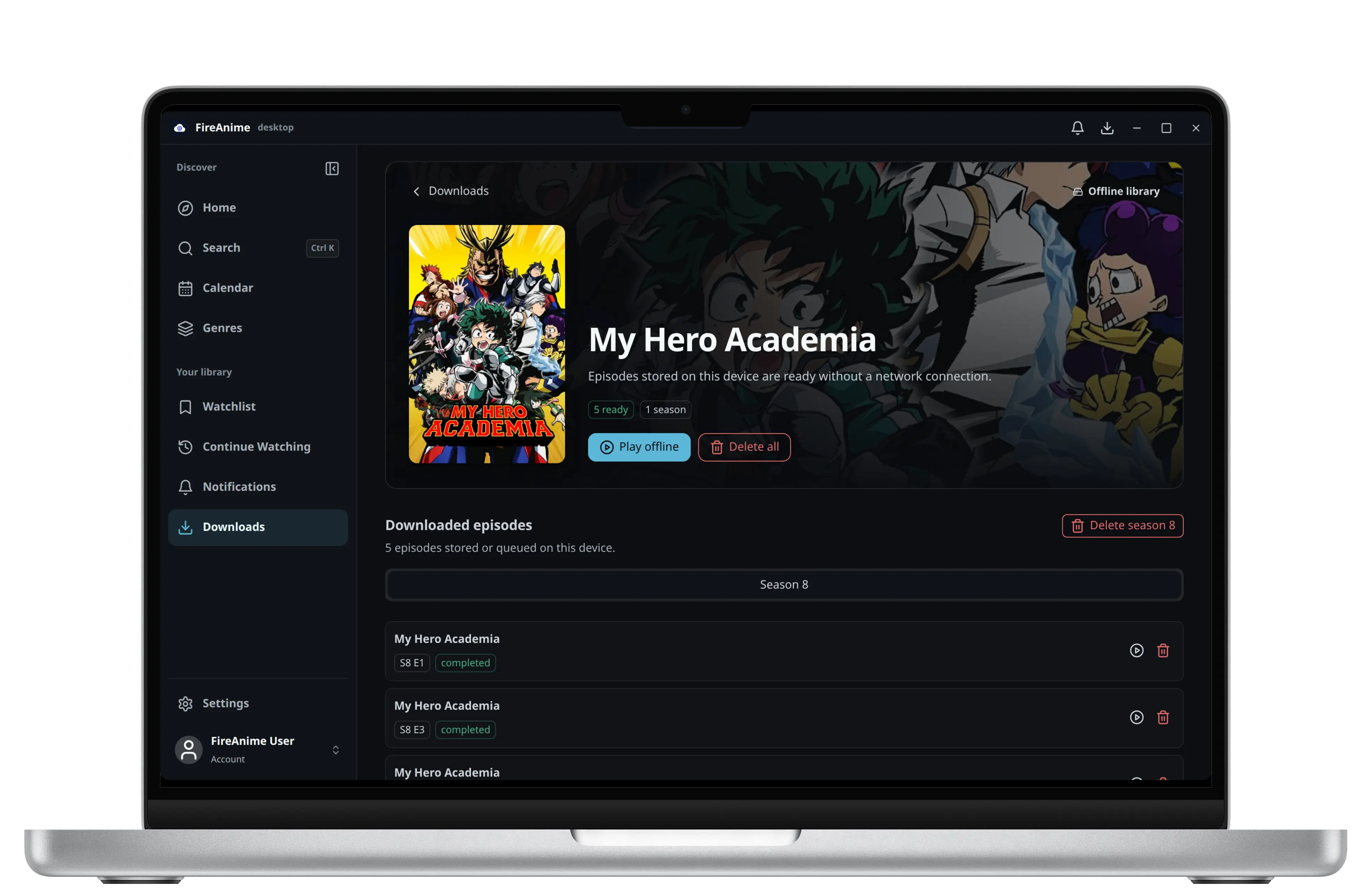 FireAnime Desktop Offline-Bibliothek mit abgeschlossenen Downloads