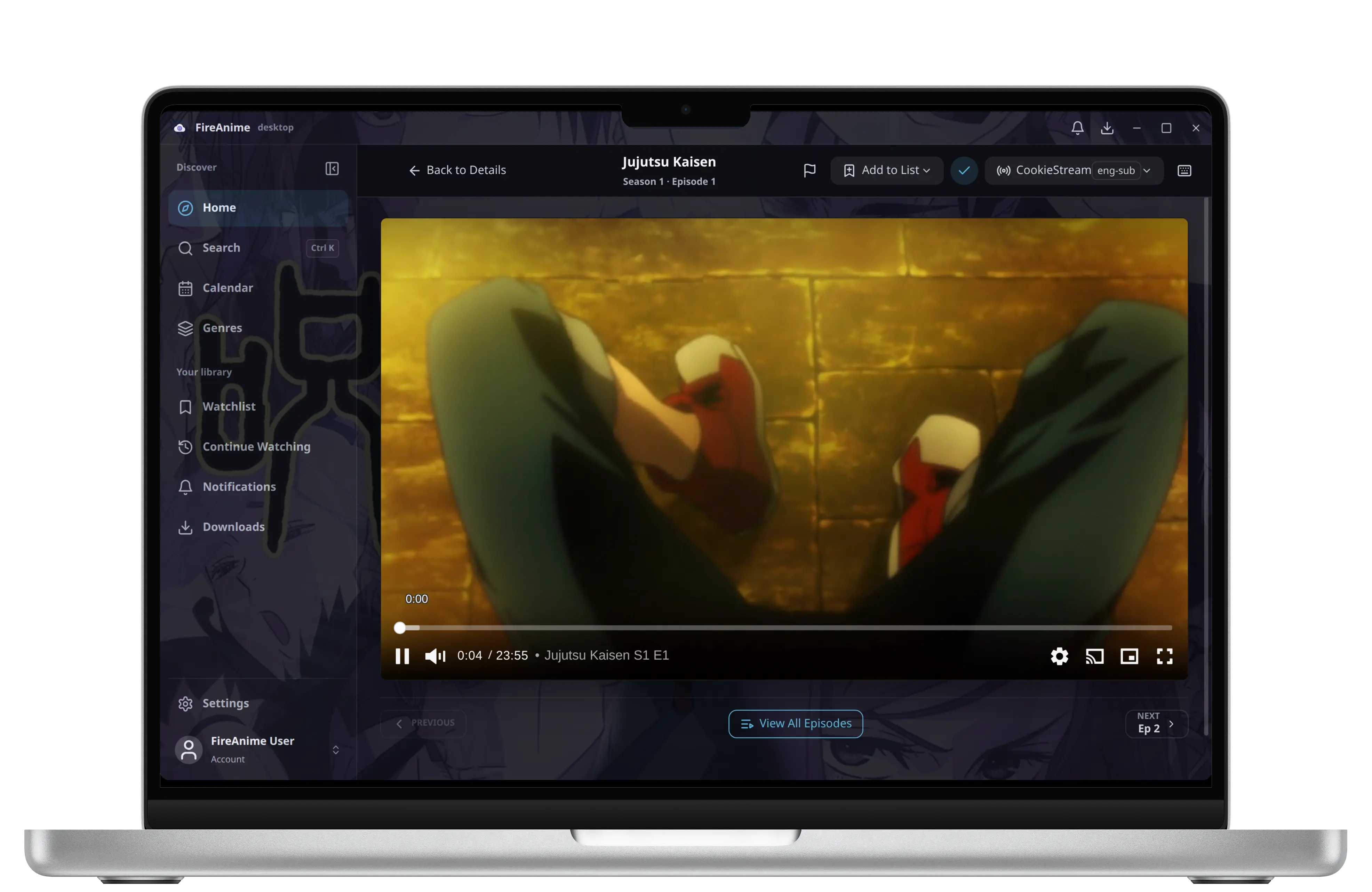 FireAnime Desktop Player mit laufender Anime-Episode