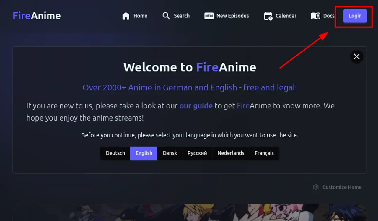 Screenshot: The Login Button in the Navigation Bar.