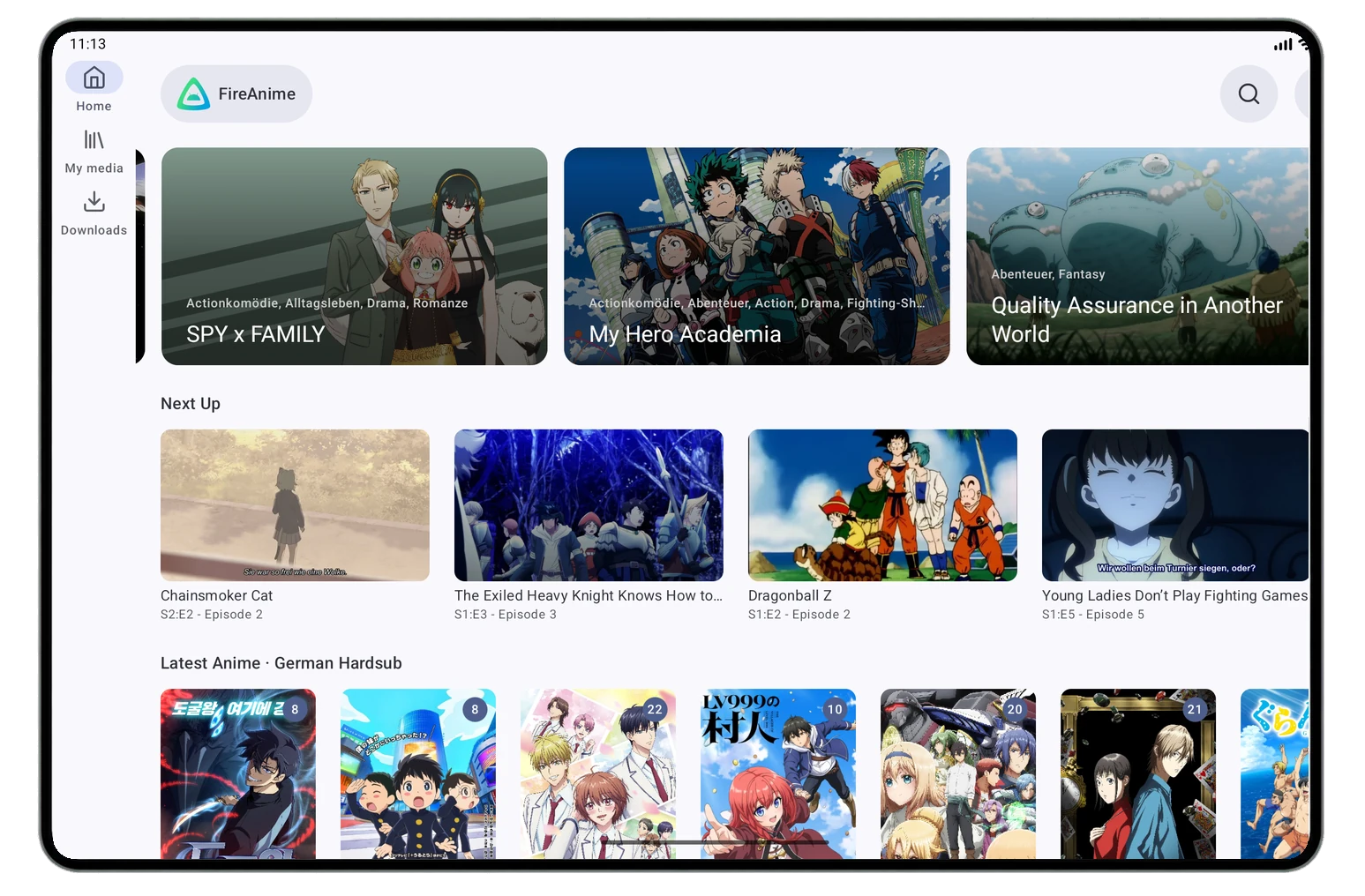 FireAnime-Animebibliothek in Findroid auf einem Tablet