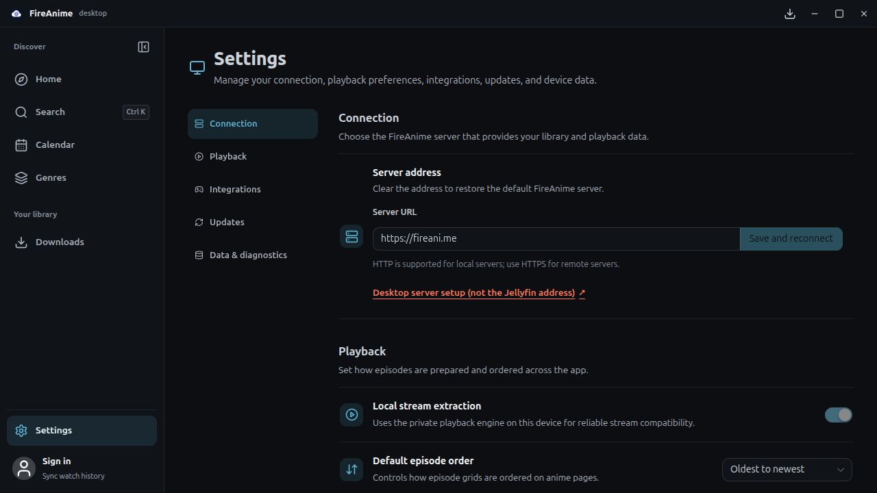 Settings in der Desktop-App mit ausgewähltem Bereich Connection, Server URL und Save and reconnect.