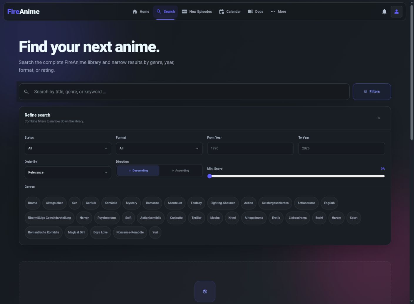 The website search panel with format, year range, sorting and minimum score controls.